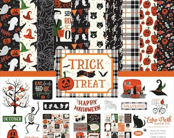 May include: A collection of Halloween-themed scrapbook paper and stickers. The designs include pumpkins, ghosts, bats, skeletons, and the phrases "Trick or Treat" and "Happy Halloween." The color palette is orange, black, and white.