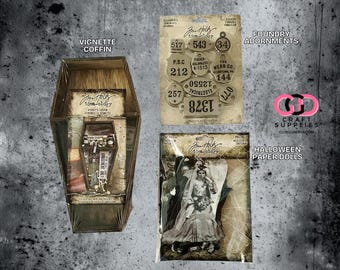 HALLOWEEN - Tim Holtz - Vignette Coffin, paper dolls, adornments foundry, card making supplies- Tim Holtz