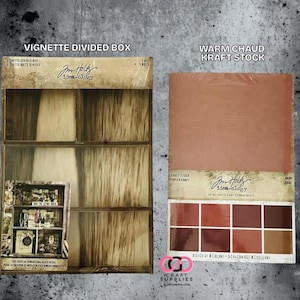 May include: Two craft supply products are displayed. One is a vignette divided box with a wooden appearance. The other is a package of warm kraft stock paper with a color palette of eight shades of brown and red.