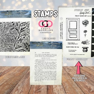 May include: A collection of stamps for crafting, including a Heritage Lace background stamp, a Les Roses background stamp, and a Front Door Art stamp set. The Front Door Art set includes a stencil. The stamps are displayed on a wooden surface.