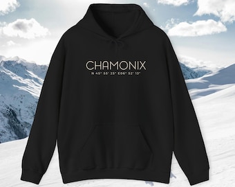 Chamonix Coordinates Hoodie - Unisex French Alps Travel Hoodie - Great Gift for Skiers, Hikers, Bikers, & Snowboarders