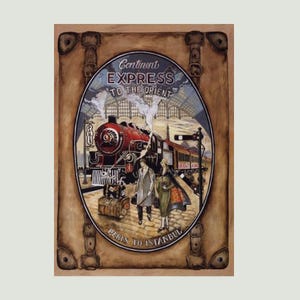 Può includere: Un poster vintage di viaggio con una locomotiva a vapore rossa che tira un treno attraverso una stazione ferroviaria. Il poster recita "Continent Express to the Orient" e "Paris to Istanbul".