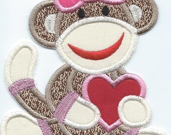 Girl Sock Monkey Holding Her Heart Patch Iron on machine embroidered