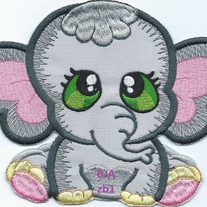 May include: Embroidered iron-on patch of a cute cartoon elephant with big green eyes, pink ears, and a gray body. The elephant is sitting down with its legs crossed. The patch has a gray outline and is approximately 3 inches in diameter.