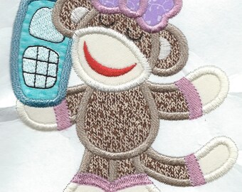 Sock Monkey on Cell phone iron on applique patch machine embroidered