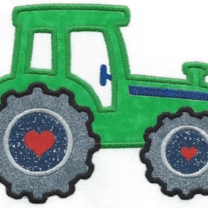 May include: Green tractor applique with two large gray wheels, each with a blue center and a red heart.
