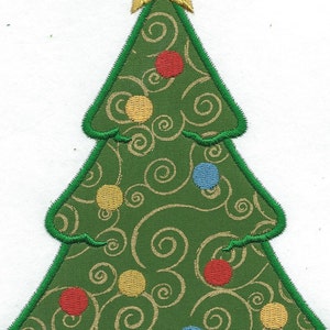 May include: Embroidered Christmas tree design with a gold star on top. The green tree features gold swirls and colorful ornaments in red, yellow, and blue. The tree is outlined in green and has a brown trunk.