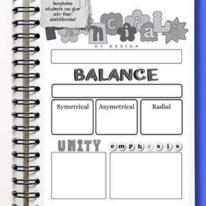 Könnte beinhalten: Ein Spiralnotizbuch mit weißem Innenraum und schwarzer Metallbindung. Die Notizbuchseite enthält die Wörter "BALANCE" und "UNITY" sowie Abschnitte für "Symetrical", "Asymetrical" und "Radial". Eine Notiz lautet: "Creative art notes: templates students can glue into their sketchbooks!"