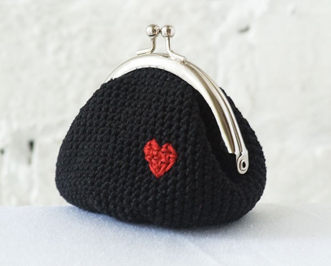 Crochet Coin Purse, Love My Heart in Black Etsy