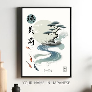 Your Name in Japanese Print, Japan Wall Art, Couple Name, Personalised Calligraphy, Kanji, Custom Wall Art, Koi Fish, Christmas Gift