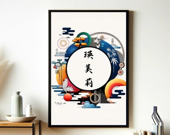 Personalised Japanese Name Print, Custom Kanji Calligraphy Wall Art, Geometric, Birthday, Wedding, Anniversary, Gift