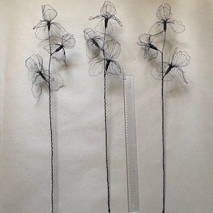 Può includere: Tre sculture di fiori in filo metallico nero con petali sottili e delicati e lunghi steli intrecciati. Un righello in plastica trasparente è posizionato tra il secondo e il terzo fiore, mostrando una misura di circa 30 cm di lunghezza.