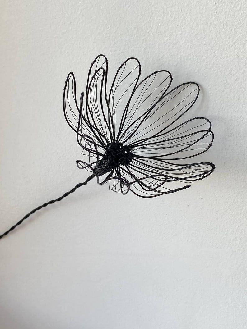 K&ouml;nnte beinhalten: Eine schwarze Drahtskulptur einer Blume mit detaillierten Bl&uuml;tenbl&auml;ttern und einem gedrehten Stiel. Die Blume ist zentriert, mit ausf&auml;chernden Bl&uuml;tenbl&auml;ttern. Die Skulptur steht vor einem schlichten wei&szlig;en Hintergrund, der die filigrane Drahtkonstruktion hervorhebt.