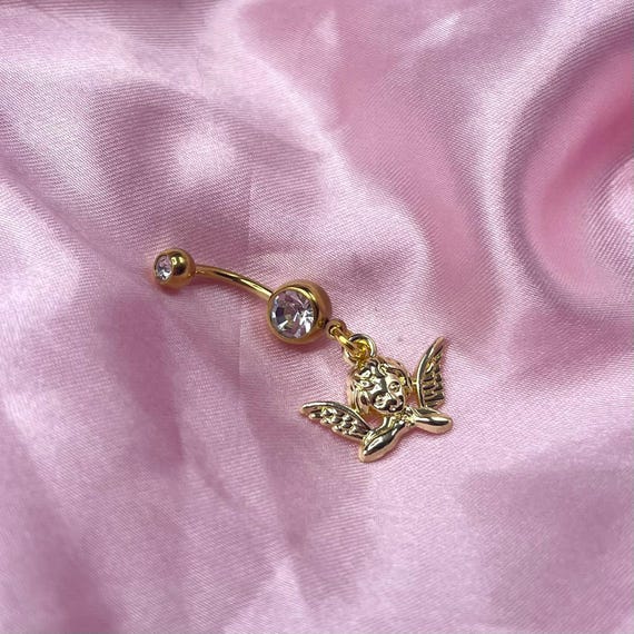 Surgical Steel Gold Cherub Belly Bar Dangly Belly Bar Naval Bar Body Jewellery Etsy Canada