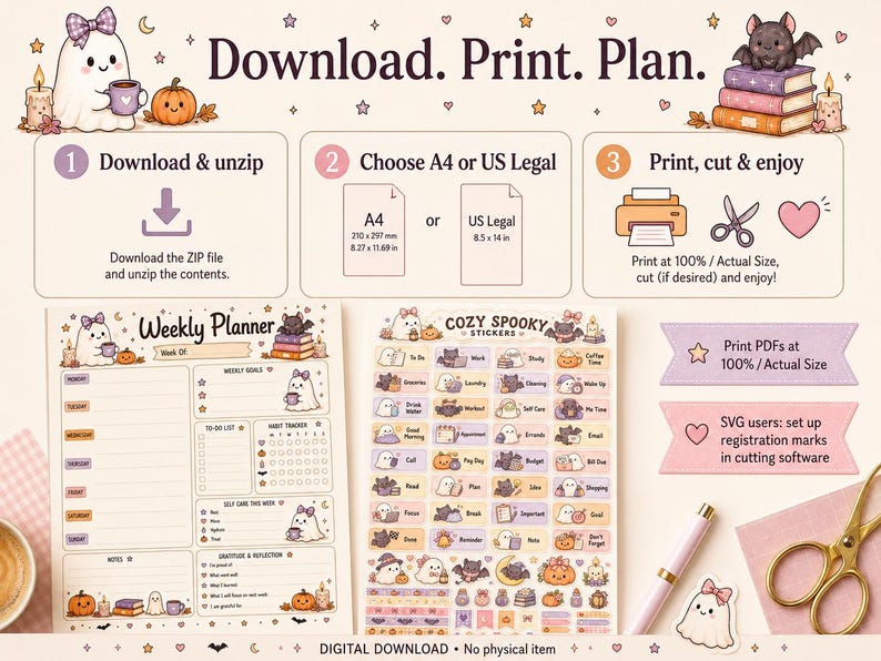 Cute Spooky Weekly Planner and Sticker Bundle Halloween Ghost Printable ...