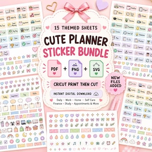 Puede incluir: Un paquete digital de 15 hojas de pegatinas para agenda con iconos en tonos pastel, etiquetas de texto y elementos decorativos. El gráfico central muestra el texto CUTE PLANNER STICKER BUNDLE, PDF, PNG, SVG y CRICUT PRINT THEN CUT.