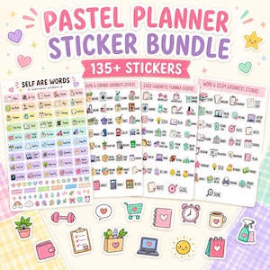 Può includere: Un set di adesivi digitali con quattro fogli di adesivi pastello per agenda con etichette come Self Are Words, Home & Errands, Daily Goodnotes e Work & Study, oltre a icone individuali fustellate come un portatile, una tazza e un orologio.