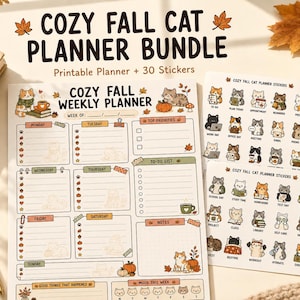 Op de afbeelding: Een printbare weekplanner en twee stickervellen met een Cozy Fall Cat-thema. De planner bevat secties voor de dagen van de week, prioriteiten, een takenlijst en notities, versierd met kleine illustraties van katten, pompoenen en herfstbladeren.
