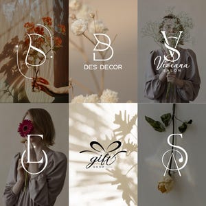 Puede incluir: Un collage de seis imágenes con diferentes arreglos florales y diseños de logo minimalistas. Los logotipos presentan letras estilizadas y las palabras "Des Decor", "Vivianna Salon", "gift shop" y "SA".
