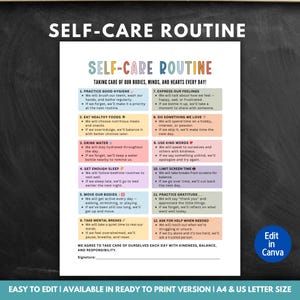 May include: A printable self-care routine checklist with colorful text and bullet points. The title reads "Self-Care Routine" and includes sections on hygiene, food, water, sleep, exercise, mental breaks, and expressing feelings. The bottom text says "Easy to edit | Available in ready to print version | A4 & US Letter Size."