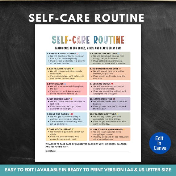 Editable Self Care Routine, Self Care Checklist, Family Rules, Self-Care Journal, Self-Care Poster, Mindfulness Chart, Wellness Chart