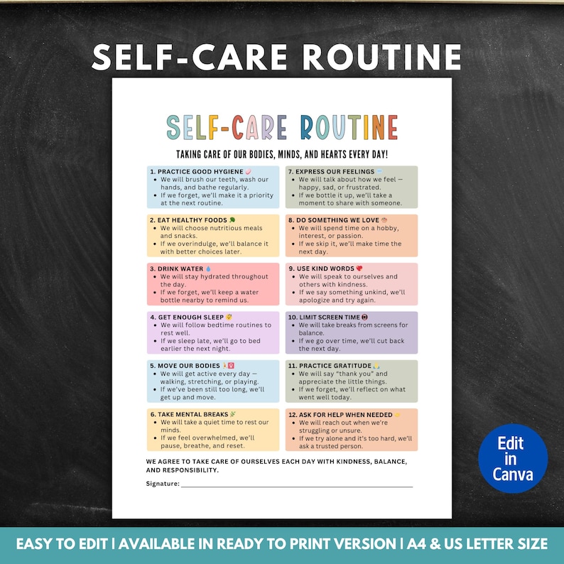 May include: A printable self-care routine checklist with colorful text and bullet points. The title reads "Self-Care Routine" and includes sections on hygiene, food, water, sleep, exercise, mental breaks, and expressing feelings. The bottom text says "Easy to edit | Available in ready to print version | A4 & US Letter Size."