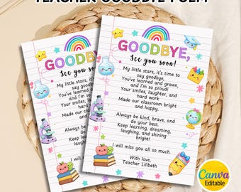 Carta de fin de año escolar para estudiantes, regalo de último día de clases, poema de maestro para niños, tarjeta de maestro para niños, regalo de fin de año, Canva editable