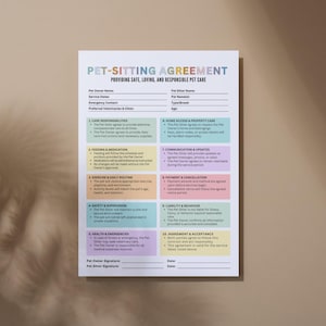 May include: A printed pet-sitting agreement with the title "PET-SITTING AGREEMENT" in large, colorful letters. The document includes sections for pet owner and sitter information, care responsibilities, and emergency contacts. The agreement is on a white paper with a beige background.