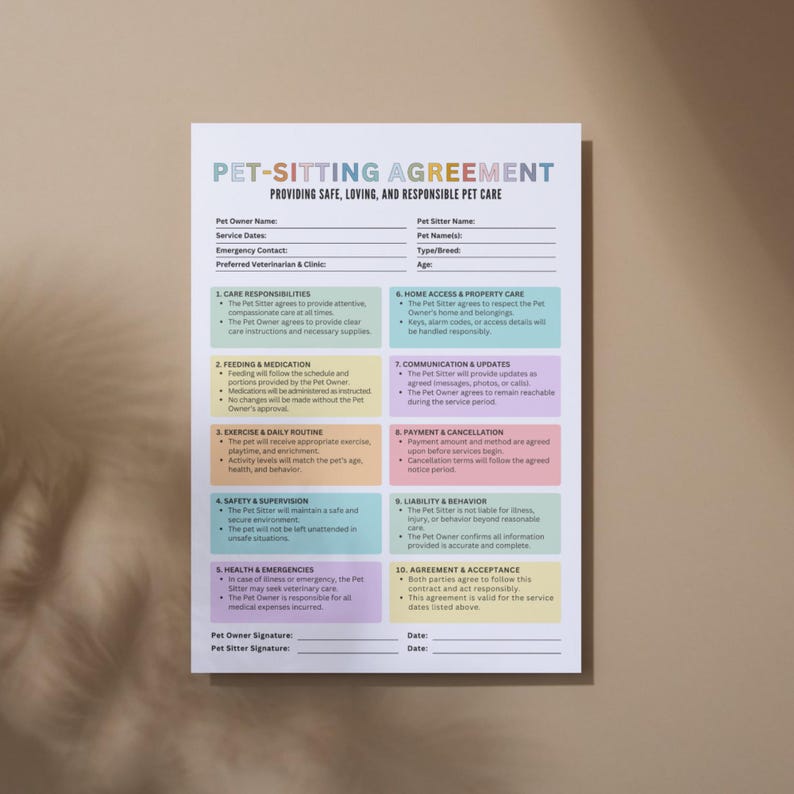 May include: A printed pet-sitting agreement with the title "PET-SITTING AGREEMENT" in large, colorful letters. The document includes sections for pet owner and sitter information, care responsibilities, and emergency contacts. The agreement is on a white paper with a beige background.