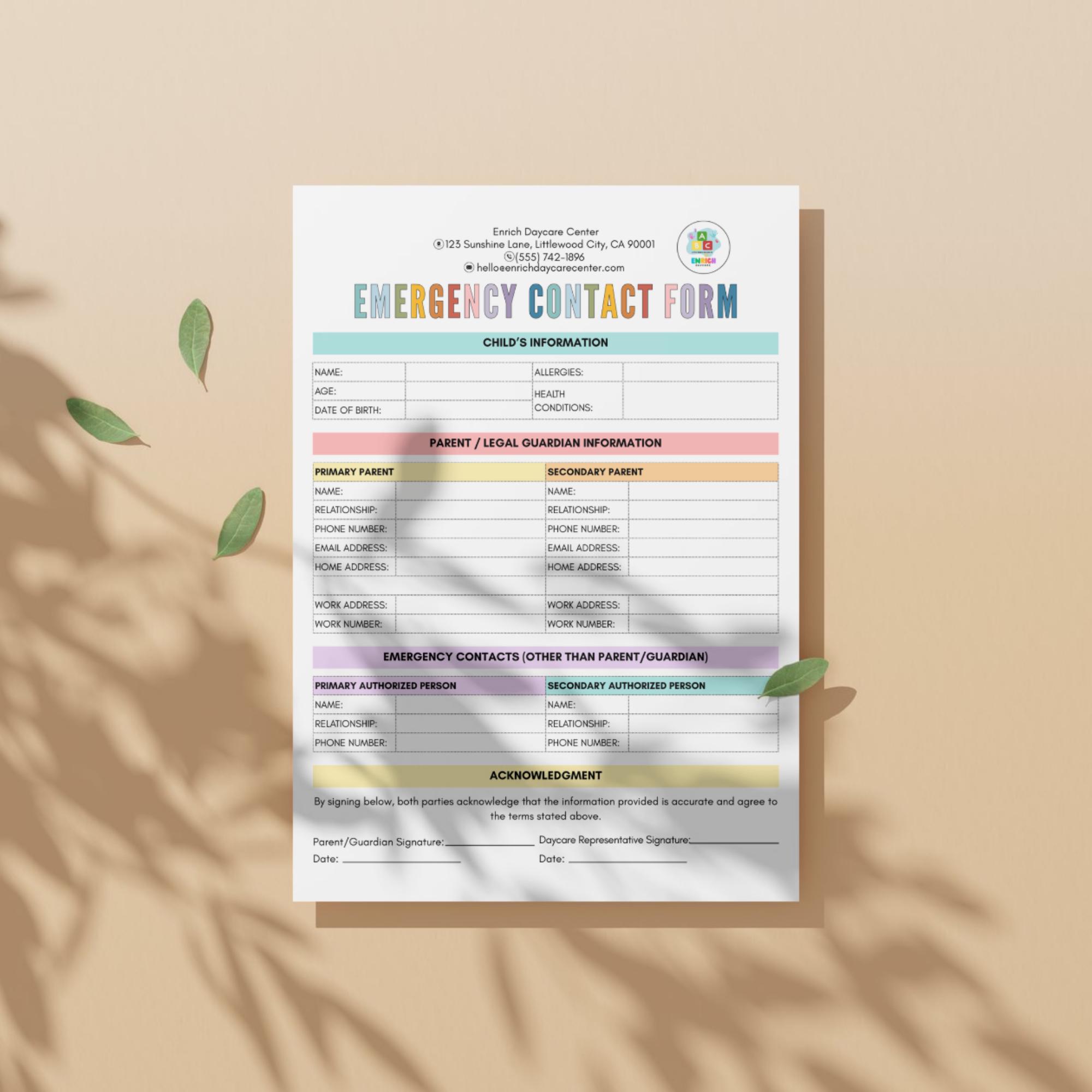 Editable Emergency Contact Form for Daycare, Emergency Information ...