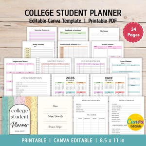 Editable College Student Planner 2026-2027, Academic Planner, Assignment Tracker, Study Planner, University Organizer, Canva Template, PDF