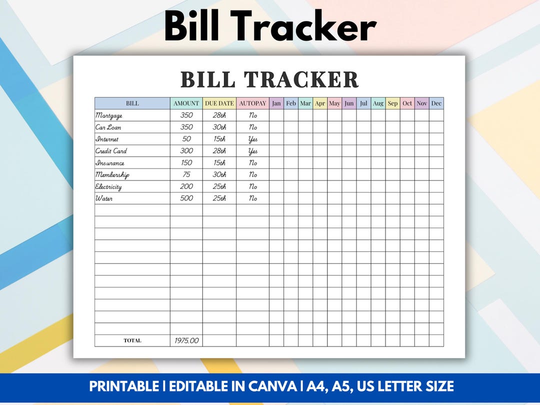 Editable Yearly Bill Payment Log, Printable Bill Payment Checklist ...