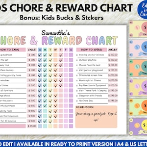 May include: A colorful chore and reward chart for kids, featuring a checklist for earning and spending. Includes "Kids Bucks" in denominations of $1, $2, $3, $4, $5, and $10. The chart is easy to edit and available in A4 and US Letter size.