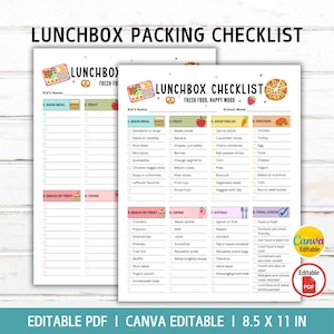 Puede incluir: Una lista de verificación imprimible para loncheras que mide 21,6 por 27,9 cm. La página blanca presenta encabezados coloridos, casillas de verificación y categorías de alimentos que incluyen comida, fruta, verdura, proteína y bebida.