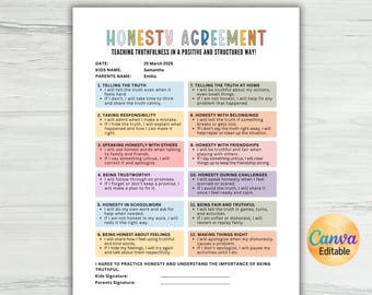 Editable Honesty Agreement for Kids, Behavior Contract, Responsibility and Behavior Management Chart, Good Behavior Chart, Canva Template