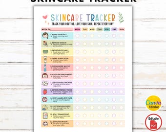 Skincare Tracker, Skincare Chart, Daily Skincare Routine, Skincare Checklist, Personal Care Chart, Self-Care Chart, Canva Template, PDF
