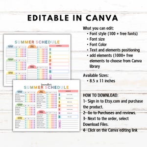 May include: Two colorful summer schedule templates with pastel color blocks for daily and weekly tasks. The text "EDITABLE IN CANVA" is at the top. The available size is 8.5 x 11 inches. Instructions on how to download are also included.