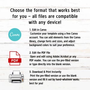 May include: An instructional graphic with the text: Choose the format that works best for you &ndash; all files are compatible with any device! It lists three options: 1. Edit in Canva, 2. Edit the PDF File, and 3. Download & Print Instantly.