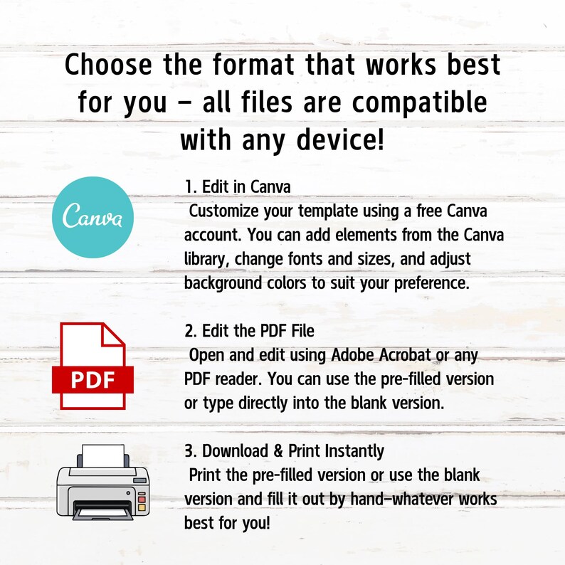 May include: An instructional graphic with the text: Choose the format that works best for you &ndash; all files are compatible with any device! It lists three options: 1. Edit in Canva, 2. Edit the PDF File, and 3. Download & Print Instantly.