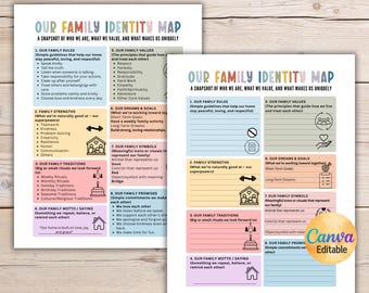 Bewerkbare gezinsidentiteitskaart, gezinswerkblad, huisregels gezin, gezinswaarden, gezinsbelofte, gezinsdoelen, canva-sjabloon