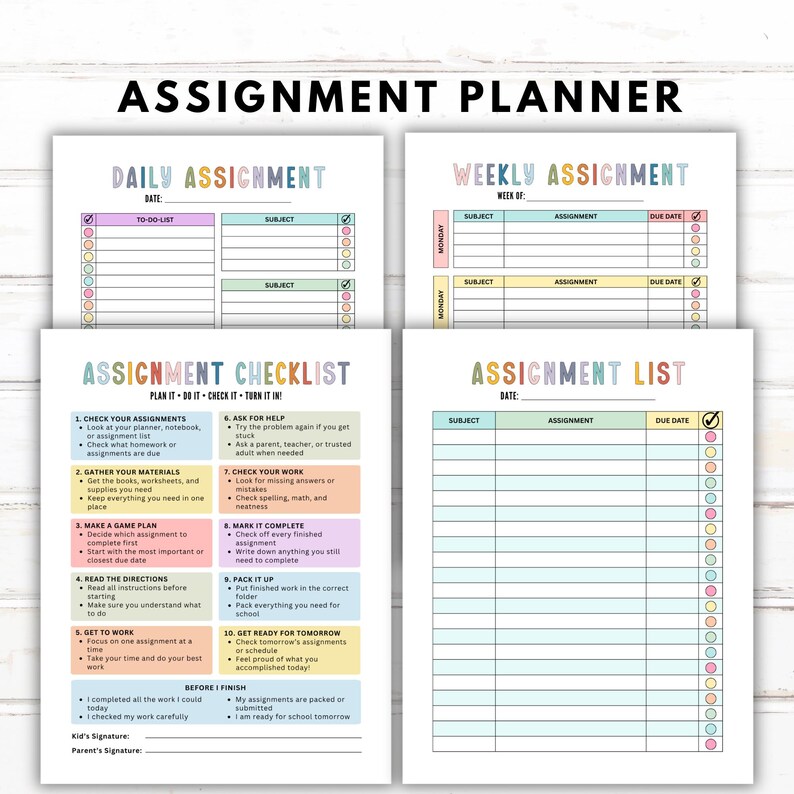 May include: A set of four assignment planner sheets with pastel-colored headers. The pages include a daily assignment tracker, a weekly assignment schedule, an assignment checklist with ten steps, and an assignment list with rows for subjects.