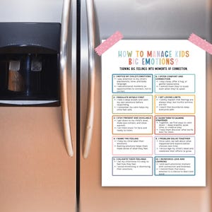 Może przedstawiać: Kolorowy plakat zatytułowany "HOW TO MANAGE KIDS BIG EMOTIONS?" jest przyklejony do lod&oacute;wki. Plakat wymienia dziesięć krok&oacute;w do radzenia sobie z emocjami dzieci, takich jak samoregulacja i oferowanie pocieszenia.
