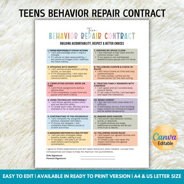 Contrato de Reparação de Comportamento Editável para Adolescentes, Acordo de Comportamento, Consequências Comportamentais, Gestão de Comportamento, Quadro de Comportamento, Download Digital