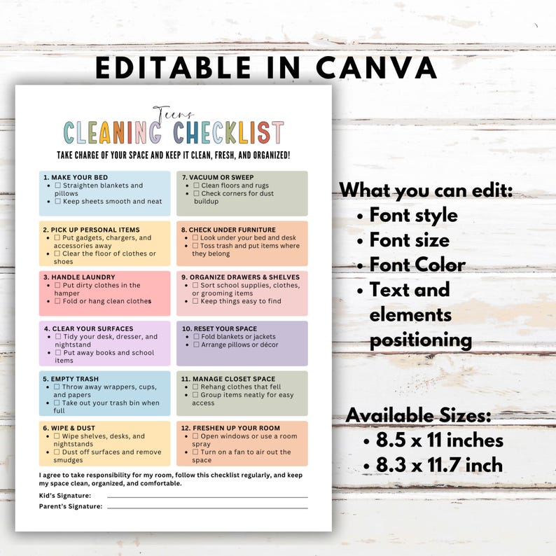 Editable Bedroom Cleaning Checklist for Teens, Room Cleaning Agreement ...