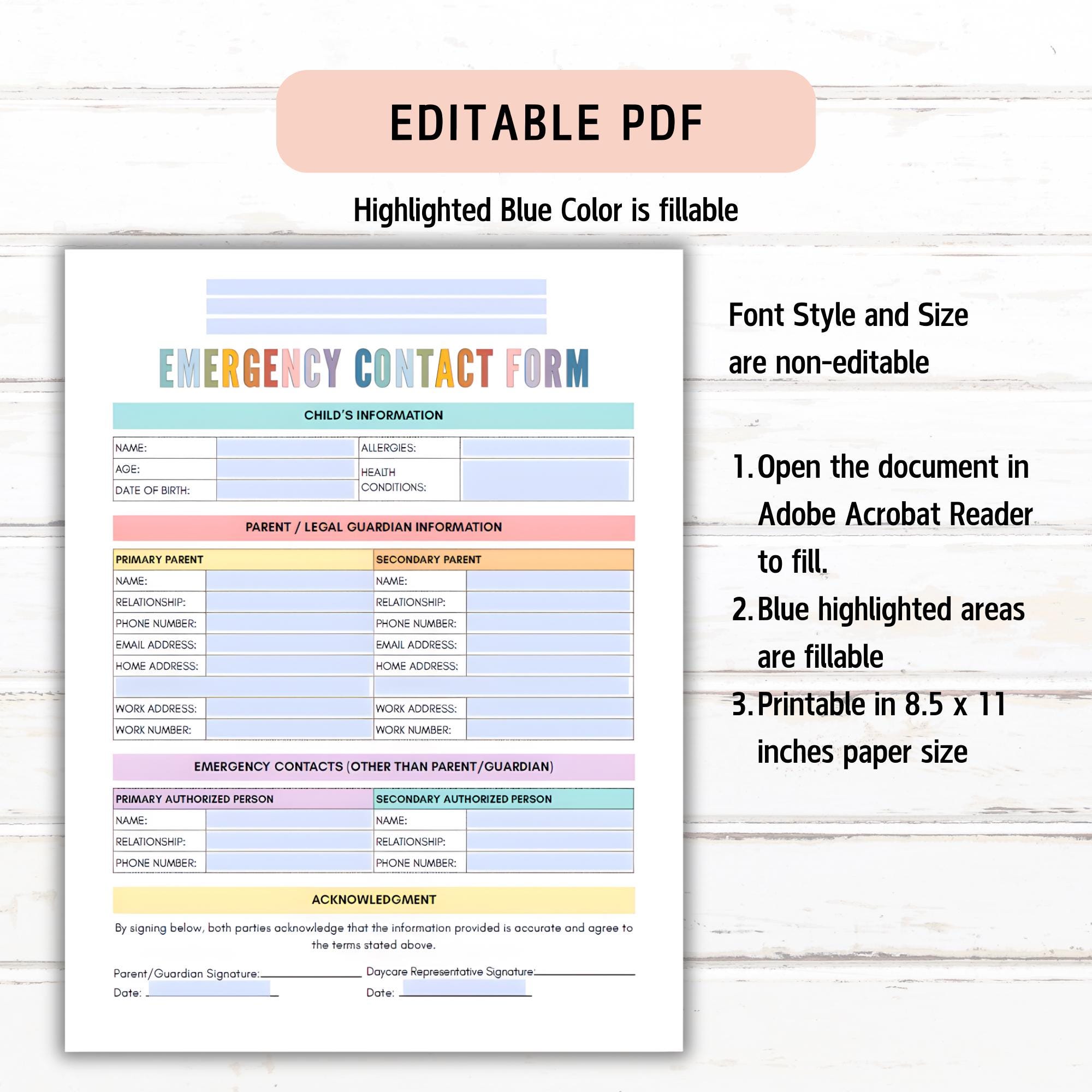 Editable Emergency Contact Form for Daycare, Emergency Information ...