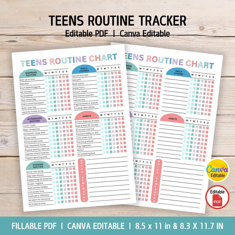 Editable Teens Routine Chart, Teen Daily Checklist, Teens Chore Chart ...