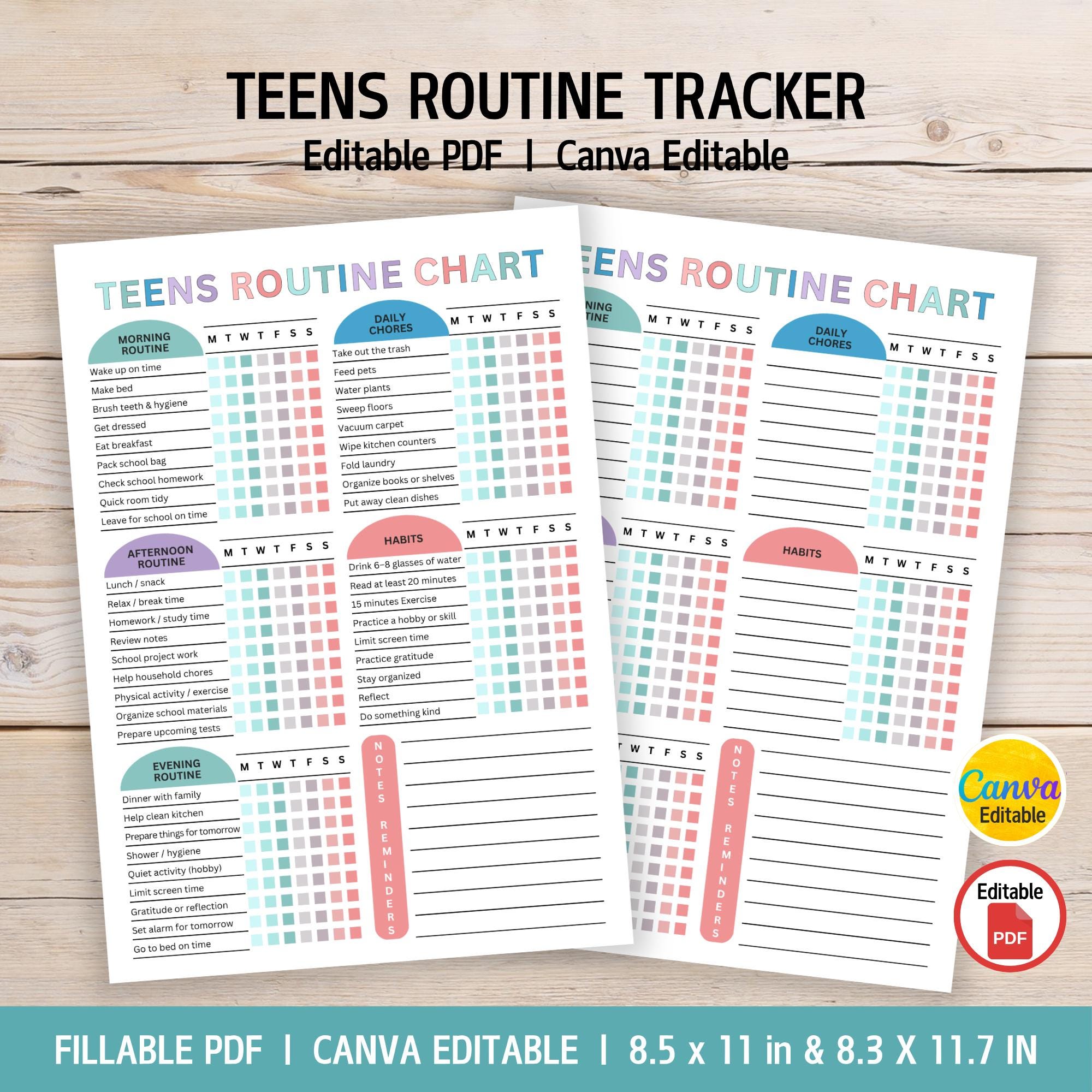 Editable Teens Routine Chart, Teen Daily Checklist, Teens Chore Chart ...