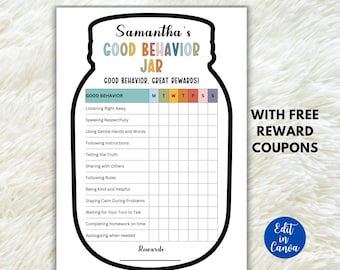Good Behavior Jar for Kids, Kids Rewards Jar, Good Behavior Tracker, Good Behavior Checklist, Behavior Management, Editable Rewards Template