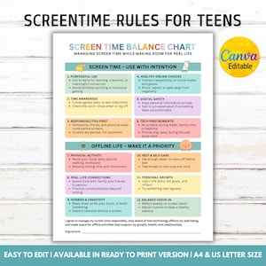 Screentime Balance Chart for Kids, Screen Time Rules, Screen Time vs Offline Activities Chart, Teen Phone Usage Guide, Family Tech Rules