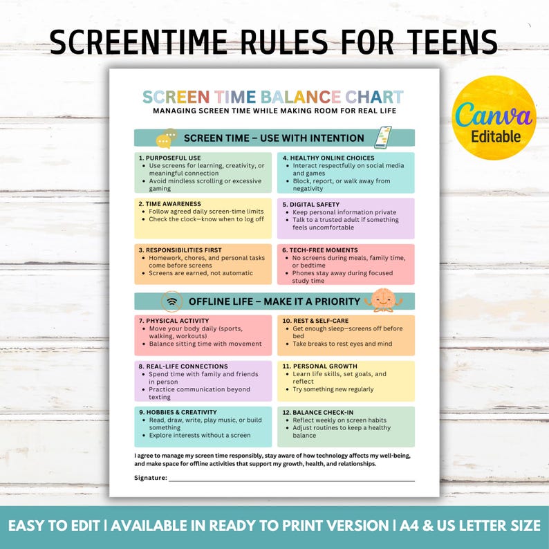 Screentime Balance Chart for Kids, Screen Time Rules, Screen Time vs Offline Activities Chart, Teen Phone Usage Guide, Family Tech Rules image 1